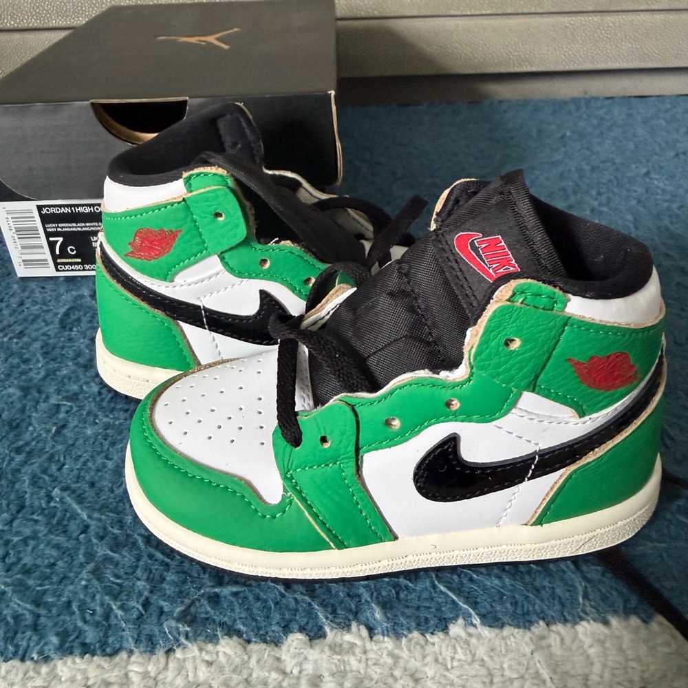 Nike Kids Green, White & Black High-Top Sneakers with Red Accents